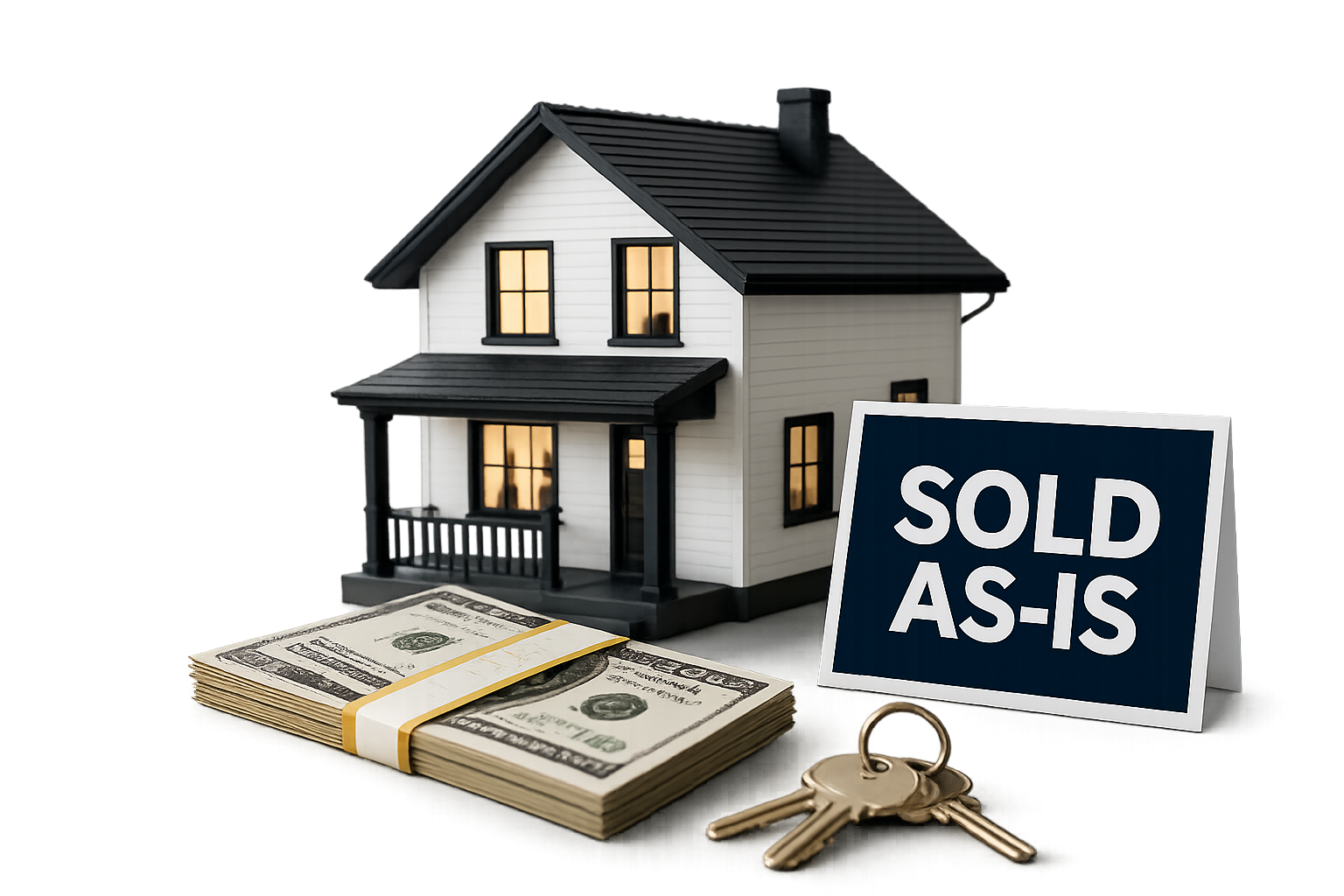 Model home with cash, keys, and SOLD AS-IS sign