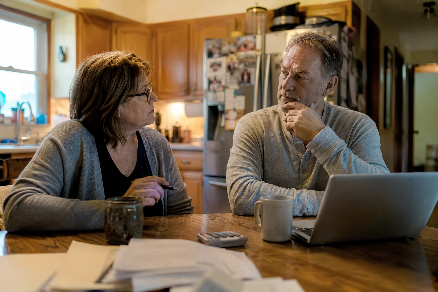 Central Ohio couple at their kitchen table reviewing cash offer paperwork before deciding to sell their house